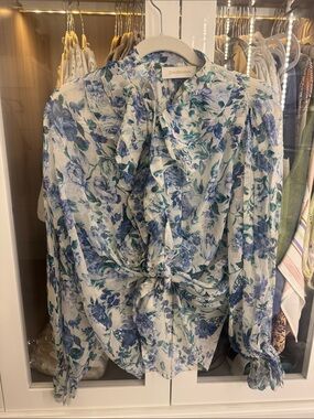 Zimmermann Blue and Teal Floral Ruffle Tie-Front Blouse